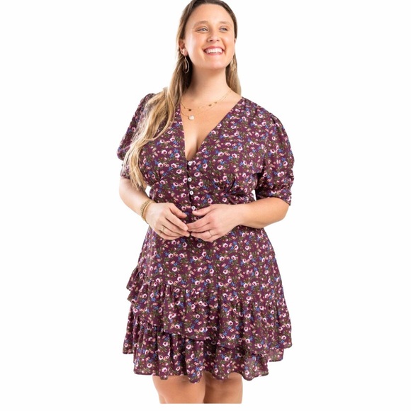 Mi Ami floral NWT 2X purple floral dress button front ruffles plus size dresses - Picture 3 of 14